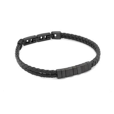 Italgem SLB513 Black IP S. Steel Polish Brushed Double Strand Black Leather Bracelet