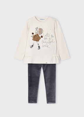 Mayoral 4785 girls youth long sleeved top ‘lets go for a peaceful walk’ sombra with grey velvet leggings set