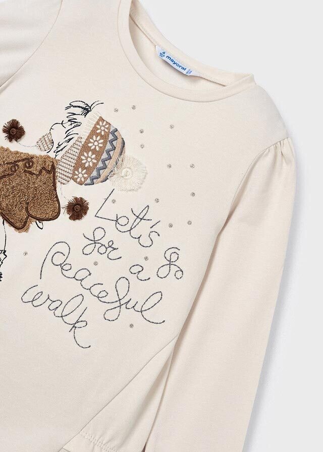 Mayoral 4785 girls youth long sleeved top ‘lets go for a peaceful walk’ sombra with grey velvet leggings set