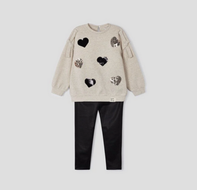 Mayoral 4786 Girl's Beige Shimmer Long Sleeve Sweater w/ Black Faux Leather Pants