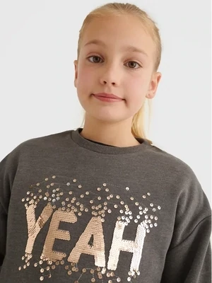 Mayoral 7471 Girl's LS ''YEAH'' Sequin Pullover Sweater /TITANIO VIGORE