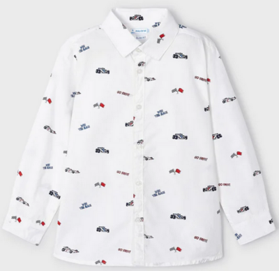 Mayoral 4110 boys youth Blanco  button up with race car pattern slim fit
