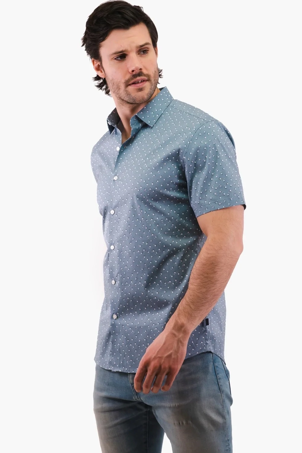 Michael Kors CS3400K8NG Men's Short Sleeve Microfiber Floral Polo in Chambray