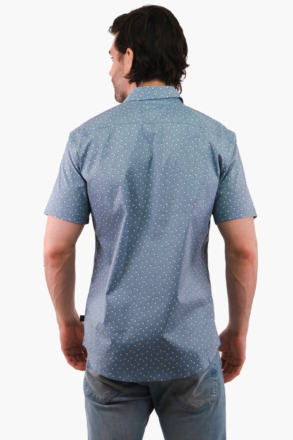 Michael Kors CS3400K8NG Men's Short Sleeve Microfiber Floral Polo in Chambray