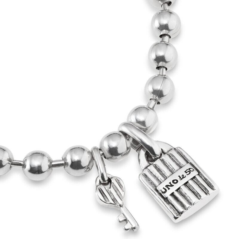 UNOde50 PUL2305MTL0000M Sterling Silver Ball Beads w/ Lock & Key Charm Bracelet - Confident