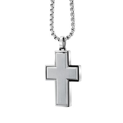 Italgem SC60 S. Steel Brushed Cross Pendant & Round Box Chain Necklace 22"