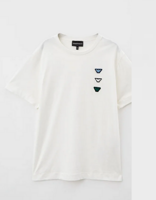 Armani 6L4TFA 1JDXZ Boy’s Short Sleeve T-Shirt w/ Triple Eagle Logo Patch on Chest – White