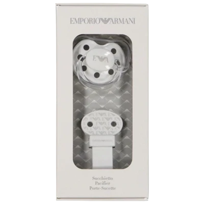 Armani 409174 CC919 Baby’s Pacifier & Clip Set w/ Logo Detail
