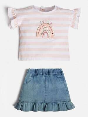 Guess A3GG11K6YW0 Baby Girl White and Pink stripe top and jean skirt set