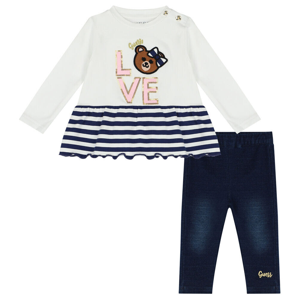 Guess A3YG13K6YW0 Baby Girl’s LS T-Shirt & Knit Denim Leggings Set 2PC/, Color: PURE WHITE, Size: 3/6M
