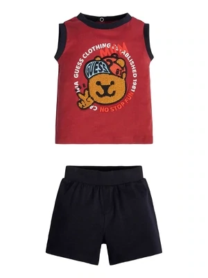Guess Baby Boy I3GG13K8HM0 Dark Red Top Brown Bear  & Navy Shorts Set /