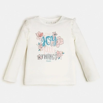 Guess girls white long sleeved shirt with flowers and sparkly writing saying “find joy in the little things” K0YI21K6YW0