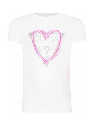 Guess girls white t-shirt with silver sparkle logo surrounded by a heart K1RI00K6YW1