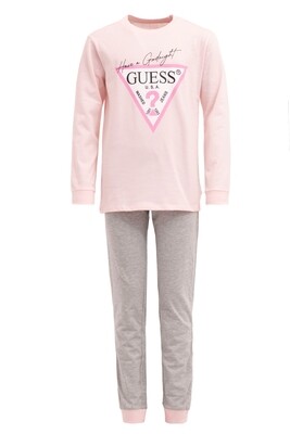 Guess H1BJ08K8HM0 Girls Youth Sleepwear in Bag ‘’Goodnight Logo’’ Pink Long Sleeve Top & Grey Pants
