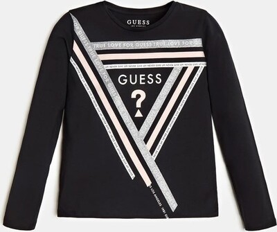 Guess J0YI26K6YW0 girls size 8 black long sleeved shirt with grey, pink and white stripes surrounding logo