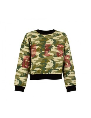 Guess J1YQ00KA6V0 Girl's LS Active Top /GREEN CAMO PRINT