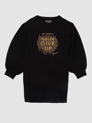 Guess J2YK33K5M20 Girl's Long Sleeve "Never Give Up" Jersey Dress – Jet Black