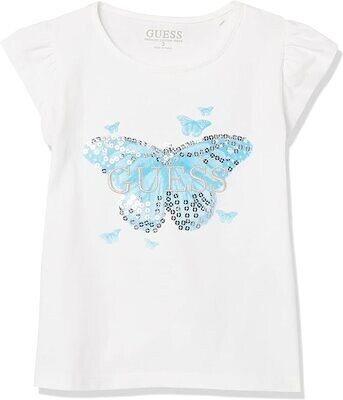 Guess K2GI20K6YW1 girls white frill tank with blue butterflies and gold embroidered writing
