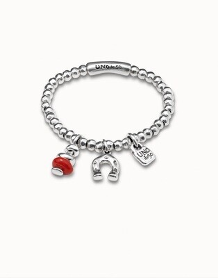 UNOde50 PUL1823ROJMTL0M Sterling Silver Bead w/ Horse Shoe & Red Bead Charms Bracelet - Amuleto