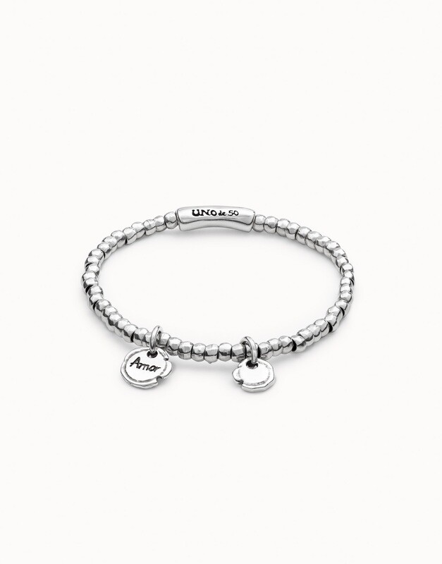 UNOde50 PUL1596MTL000 Sterling Silver Bead w/ Amor Coin Charm Bracelet - Amor Sellado/, Size: S