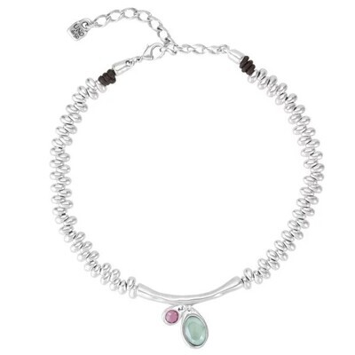 UNOde50 COL1343MCLMTL0U Sterling Silver Irregular Bead Chain w/ Green & Pink Crystal Pendants Necklace - Eclipse