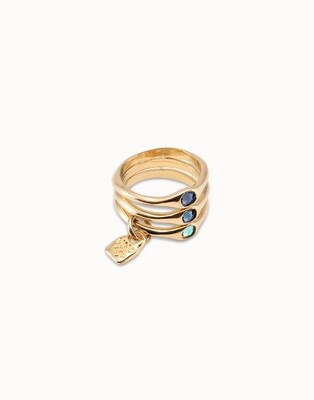 UNOde50 ANI0678AZUORO 18kt Gold-Plated Triple Stackable w/ Blue Crystals Rings - Happy Blue
