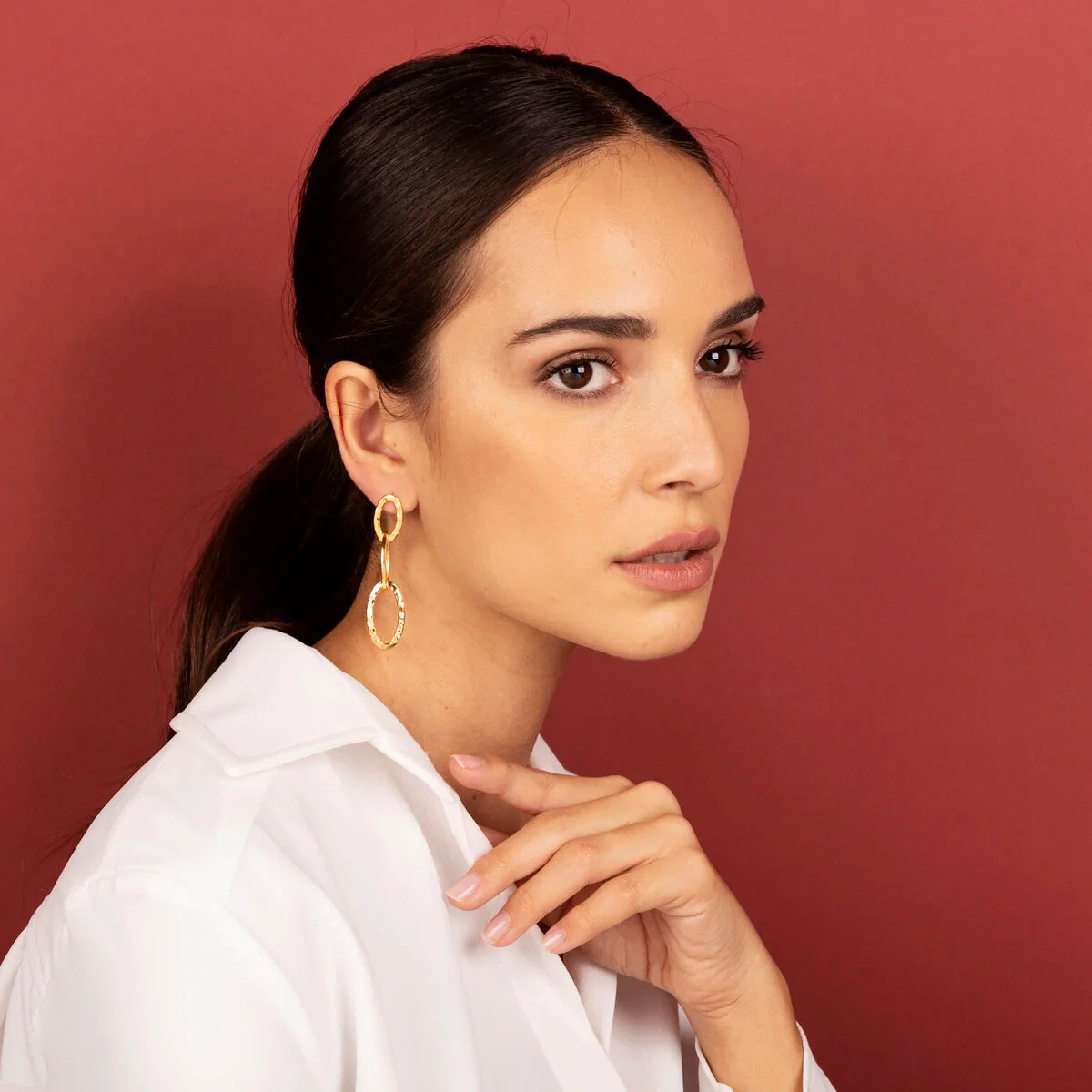 Etrusca WSET00575.YG 18Kt Gold-Plated Triple Oval Flat Link Dangle Earrings