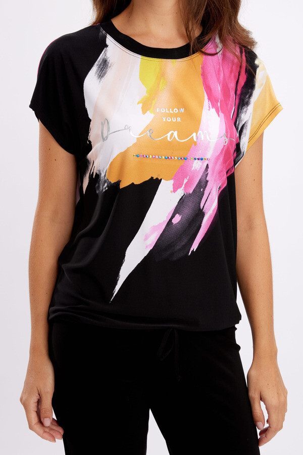 Frank Lyman 246462 Women's Short Sleeve Graphic Front Top – Black- Multi