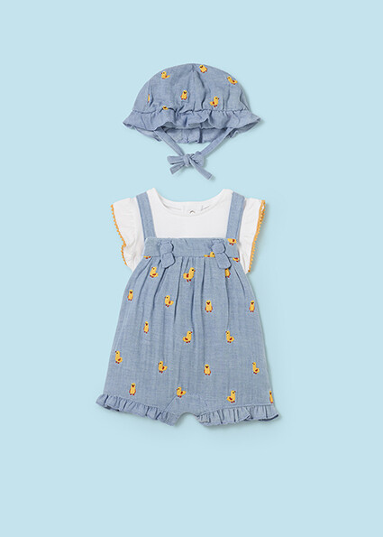 Mayoral 1609 Baby Girl's Short Sleeve Duck T-Shirt, Overall & Hat Set 3PC