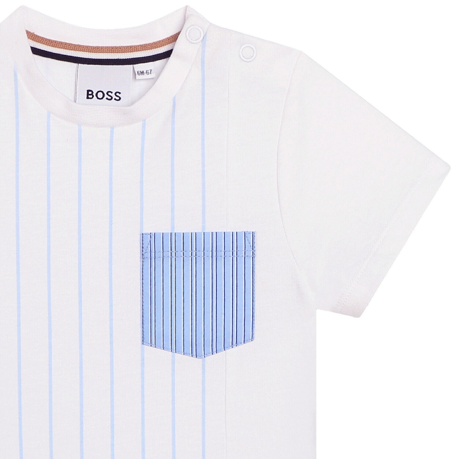 Hugo Boss J50606/10P Boy's Short Sleeve Striped T-Shirt w/ Pocket – White