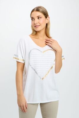 Frank Lyman 241337U Women's Short Sleeve Metallic Heart Knit Shirt – White