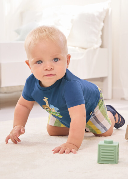Mayoral 1223 Baby Boy's Short Sleeve Safari T-Shirt & Plaid Shorts Set 2PC