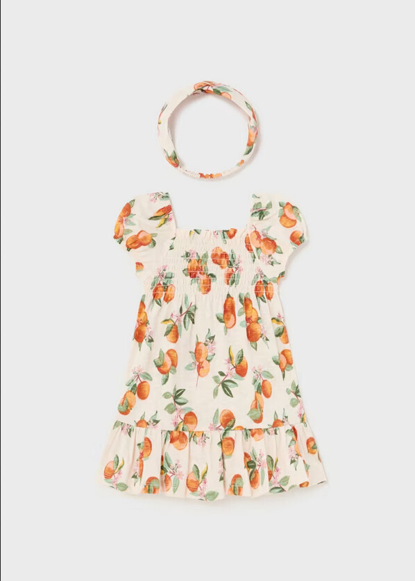 Mayoral 1923 Baby Girl's Short Sleeve Tangerine Print Dress & Headband Set 2PC