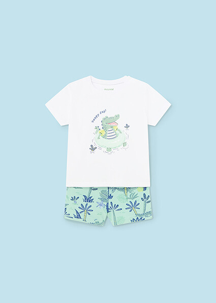 Mayoral 1648 baby boy’s crocodile swim trunks and t-shirt set – Aqua