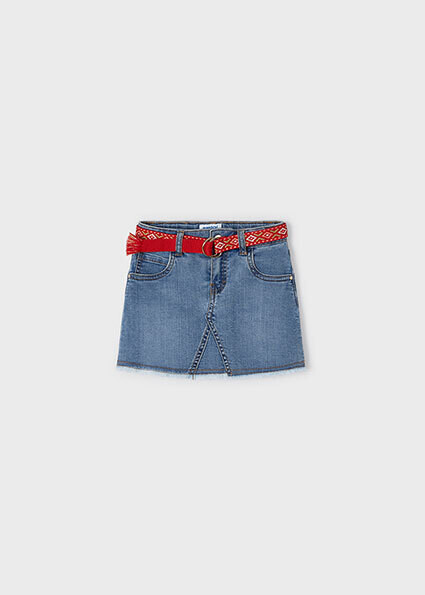 Mayoral 3906 girls denim skirt with frayed end and red belt set – Medio