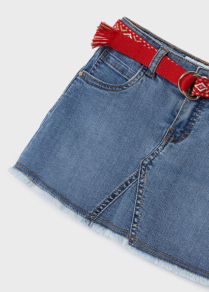 Mayoral 3906 girls denim skirt with frayed end and red belt set – Medio