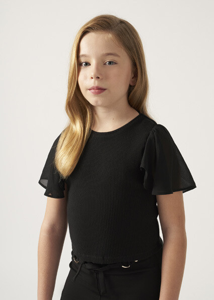 Mayoral 6004 Girl's Ruffle Chiffon Sleeve Ribbed Top