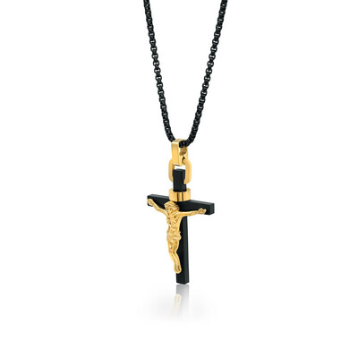 Italgem SC71 Men's 22" Black-Yellow IP Steel Jesus Cross Box Chain Necklace