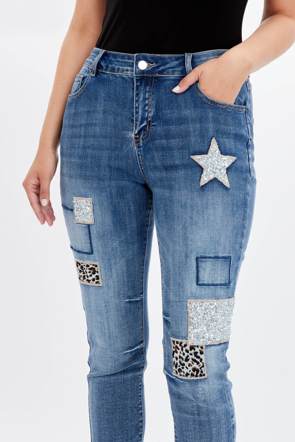 Frank Lyman 234146U Women's Straight Leopard & Sequin Patchwork Jeans – Blue