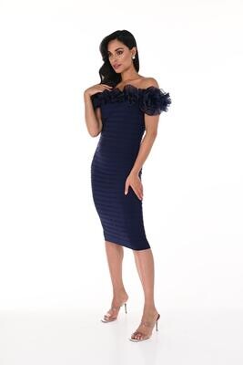 Frank Lyman 248202K Women's Off-Shoulder Ruffle & Ribbed Dress – Midnight