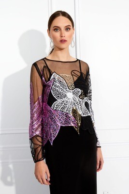 Frank Lyman 248217U Women's Long Sleeve Floral Sequin Mesh Top – Black- Pink