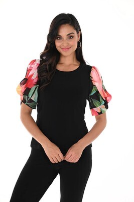Frank Lyman 246157 Women's Short Sleeve Floral Sleeve Top – Black- Red