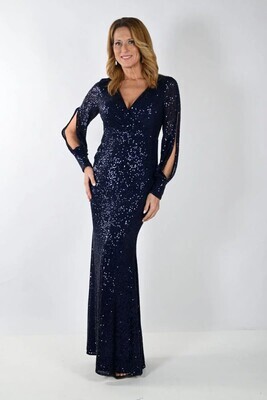 Frank Lyman 239808U Women's Long Sleeve Maxi Sequin Dress – Navy
