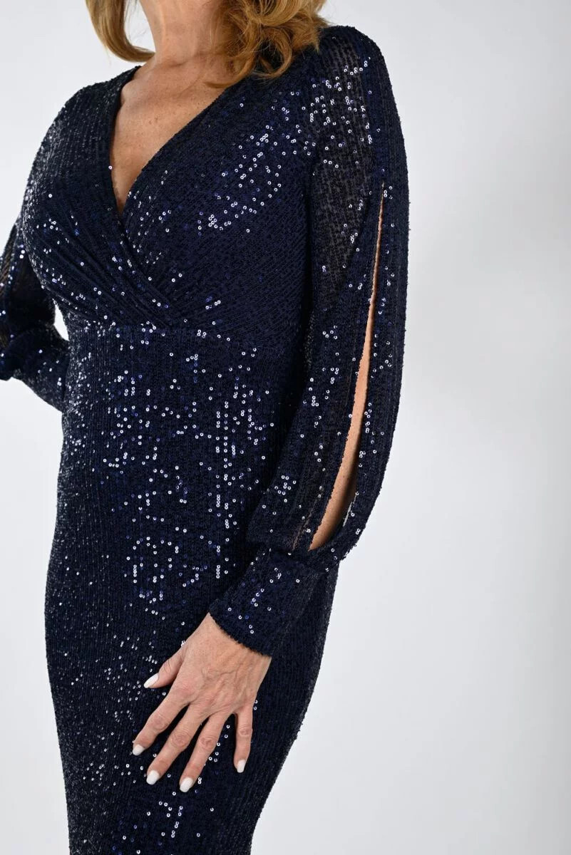 Frank Lyman 239808U Women's Long Sleeve Maxi Sequin Dress – Navy