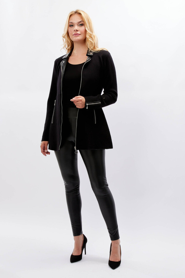 Frank Lyman 234138U Women's Long Sleeve Knit & Vegan Leather Zip Jacket – Black