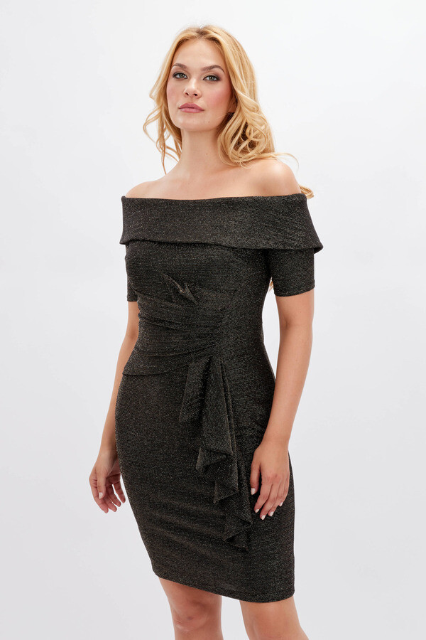 Frank Lyman 234303 Women's Short Sleeve Off-Shoulder Shimmer Dress – Black- Gold