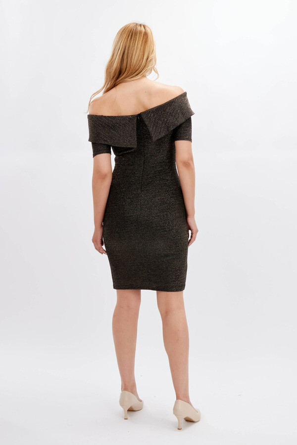 Frank Lyman 234303 Women's Short Sleeve Off-Shoulder Shimmer Dress – Black- Gold