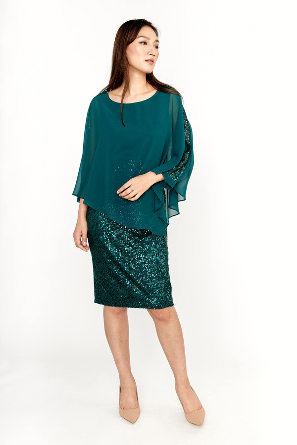 Frank Lyman 239256 Women's Cape Sleeve Sequin Dress/ EMERALD