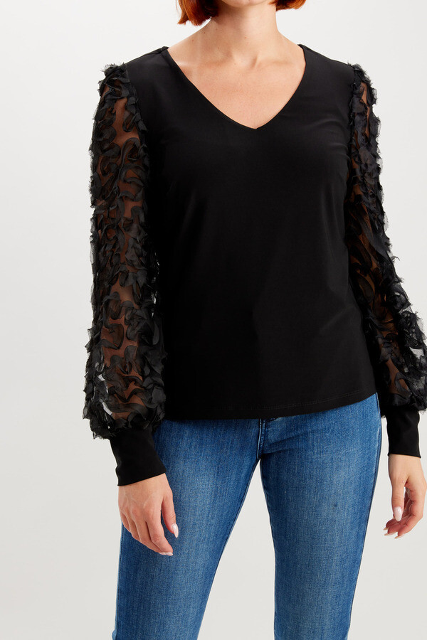 Frank Lyman 234514 Women's Long Sleeve Ruffle Sleeve V-Neck Top – Black