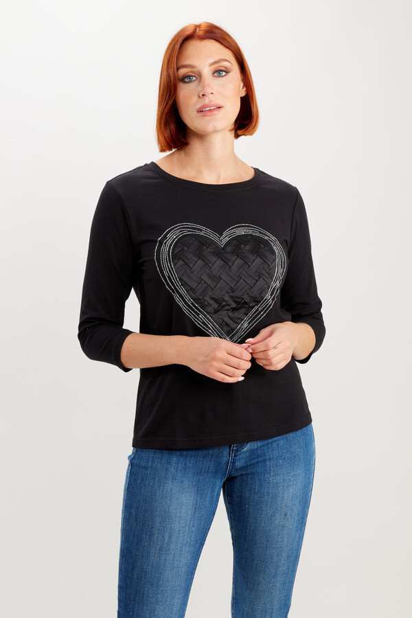 Frank Lyman 233828U Women’s LS Rhinestone Heart Top/ BLACK